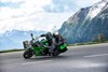 Profile angle of people riding a motorcycle on a scenic road.
