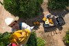 Overhead angle of people loading supplies on to a side x side on a dirt path.
